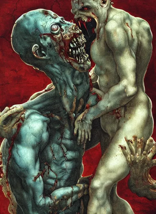 Image similar to Michelangelo painting of a disgusting vile zombie monster eating a man, cult horror, kitchen inspired by The Thing, by Cronenberg and greg nicotero