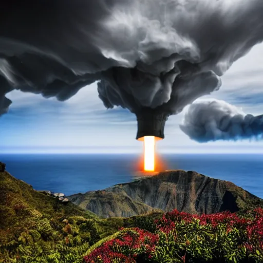 Image similar to madeira island nuked by a nuclear bomb, cloud shroom, cinematic shot, realistic, hdr, color, wide shot