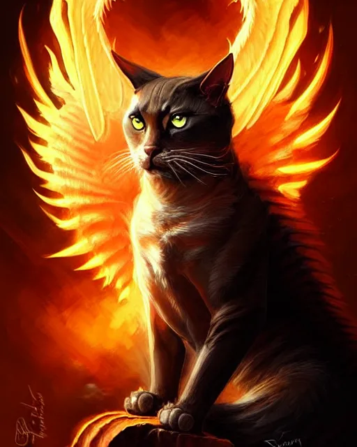 Image similar to A cat with dragon wings, digital art, intricate fire designs, elegant, highly detailed, sharp focus, art by Artgerm and Greg Rutkowski and WLOP