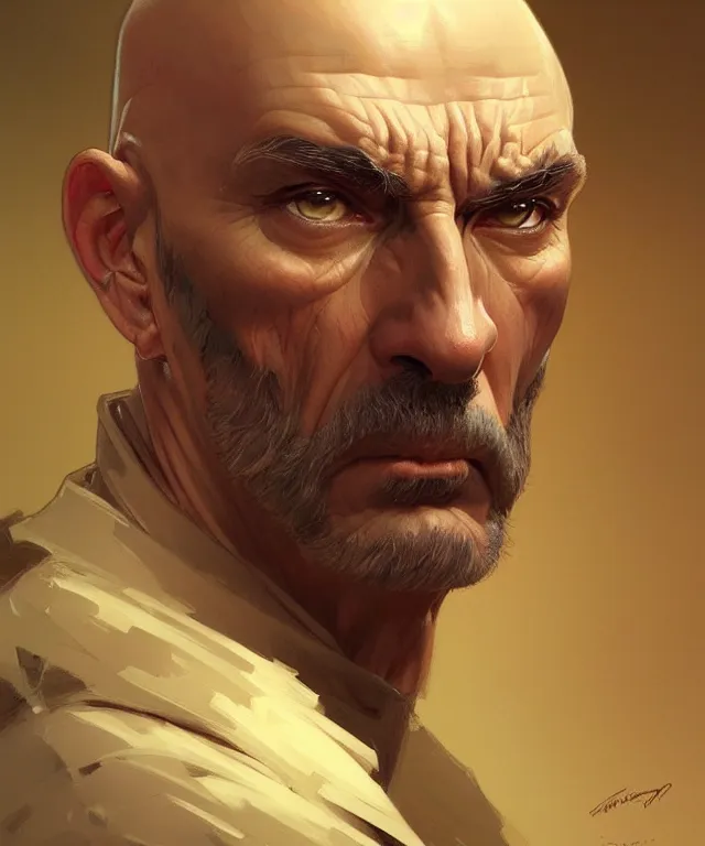 Image similar to a very angry bald general, portrait, intricate, elegant, highly detailed, digital painting, artstation, concept art, smooth, sharp focus, illustration, art by artgerm and greg rutkowski and alphonse mucha