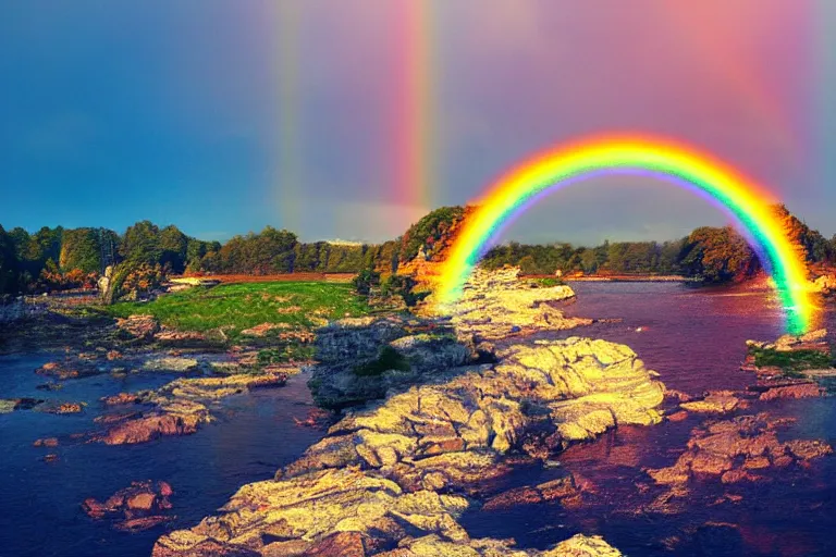 Image similar to Rainbow bridge leads through the horizon, landscape, trending on artstation