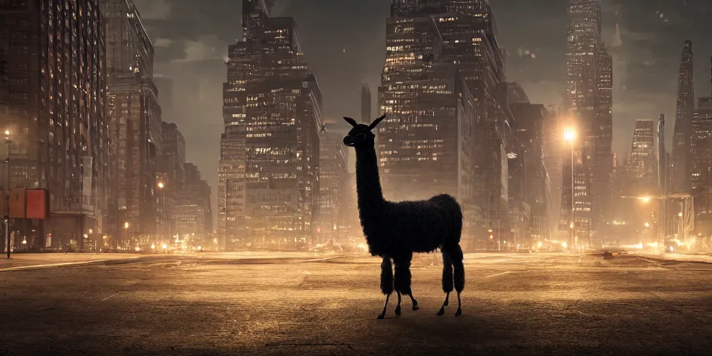 Image similar to a llama walking through a desolate city street at night, statue of liberty seen in the background, realistic 4 k octane beautifully detailed render, 4 k post - processing, highly detailed, intricate complexity, epic composition, magical atmosphere, cinematic lighting, masterpiece, ultra hd