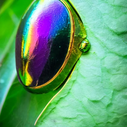 Image similar to an ultra high definition and realistic iridiscent scarab in the jungle, close-up, 35mm