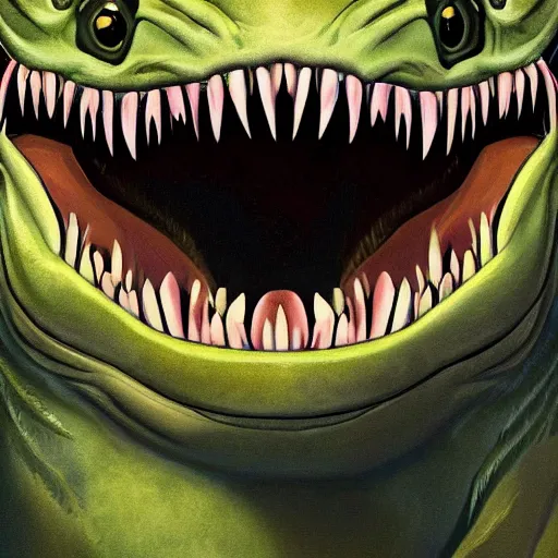 Prompt: a detailed digital art painting of a trex dinosaur smiling teeth way too many eyes large detailed eye