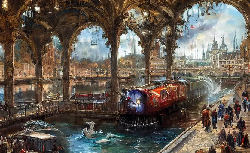 Image similar to An urban train rides inside of a waterway on a fantasy city, next to a fountain and a mystical palace. By Konstantin Razumov, horror scene, highly detailded