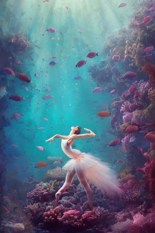 Image similar to stunningly beautiful, ballerina at the bottom of the great barrier reef by jaques cousteau, smooth, focus, highly detailed, hyper realistic, dramatic lighting, intricate, concept art, art by wlop