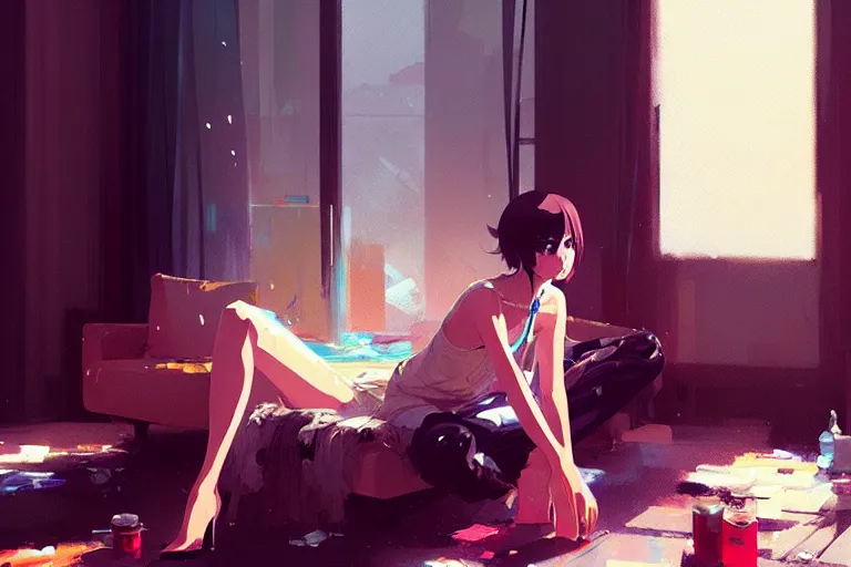 Image similar to a ultradetailed beautiful panting of a stylish woman sitting in a messy apartment, by makoto shinkai, conrad roset and greg rutkowski, trending on artstation