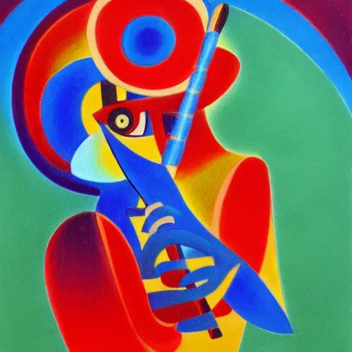 Prompt: a beautiful abstract painting of a man playing a flute in the style of anatole krasnyansky, trending in deviantart, 4k, high detail