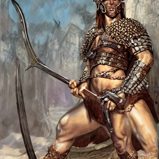 Prompt: Portrait of Conan the conqueror , in a horned helmet, scant chainmail armor, wielding an axe, muscular male, fantasy, extremely detailed, mixed media comic book style illustration, artstation, fantasy art, sharp focus, perfectly symmetrical facial features, intimate lighting, art by Frank Frazetta, Simon Bisley and Bill Sienkiewicz , hyperrealistic character close-up, dark fantasy, foreboding atmosphere, perfect ratio, hyperdetailed, highest resolution, heavily detailed and complex