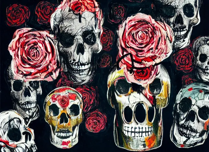 Image similar to bokeh roses growing out of one single skull by jean-michel basquiat, david choe and alex gray painting, intricately highly detailed art piece