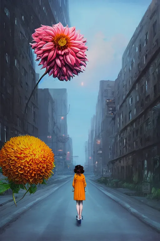 Image similar to closeup giant dahlia flower head, girl in a suit on a street, surreal photography, blue sky, sunrise, dramatic light, impressionist painting, digital painting, artstation, simon stalenhag