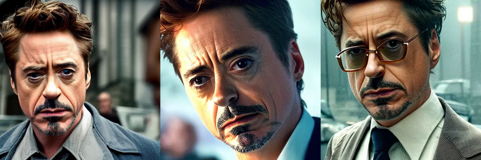 Prompt: close-up of Robert Downey Jr. as a detective in a movie directed by Christopher Nolan, movie still frame, promotional image, imax 70 mm footage