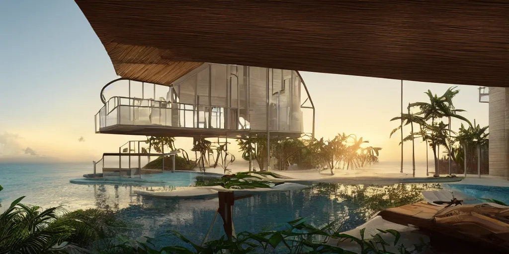 Image similar to a modern bamboo house, tropical modernism, a view of the beach, sunset, photorealism, beautiful, cinematic dramatic atmosphere, volumetric cinematic perfect light, detailed octane render trending on artstation, 8 k, by chris hytha and jag studio