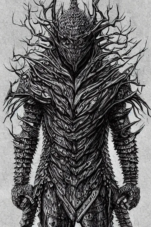 Prompt: armoured tree humanoid monster, symmetrical, highly detailed, digital art, tree armour, sharp focus, trending on art station, kentaro miura manga art style