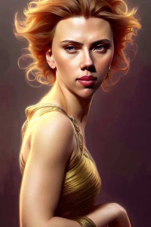 Prompt: portrait of scarlett johansson, long hair, fantasy, elegant, intricate, full frontal shot, highly detailed, digital painting, artstation, concept art, sharp focus, illustration, art by artgerm and greg rutkowski and alphonse mucha