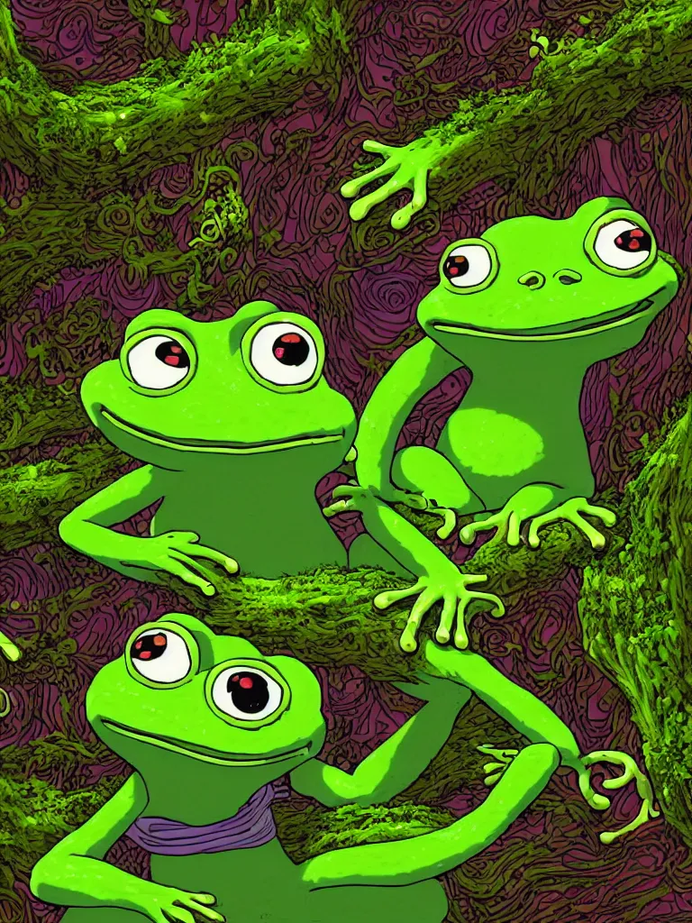 Prompt: high resolution 4k a decent into wonderous blasphemy a longing of prolonged madness pepe frog family together happy bioluminescent moss worlds of love and joy cool galactic color background made in abyss design Tony DiTerlizzi dream like storybooks nursery rhymes pepe the frog within a wonderous forest soft and warm ,white birtch , the value of love a clear prismatic pink sky, loss , unnerving , disheartening , love, warm ,Luminism, prismatic , fractals , pepe the frog , art in the style of Tony DiTerlizzi , Francisco de Goya and Akihito Tsukushi and Gustave dore and Arnold Lobel