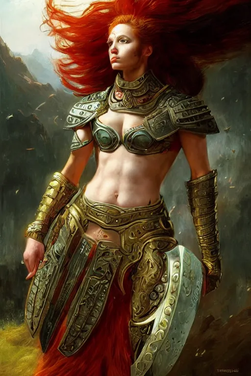 Image similar to beautiful female warrior, half body portrait, ginger hair, ornate armour, in a dynamic pose, realistic oil painting by Thomas Cole and Wayne Barlowe