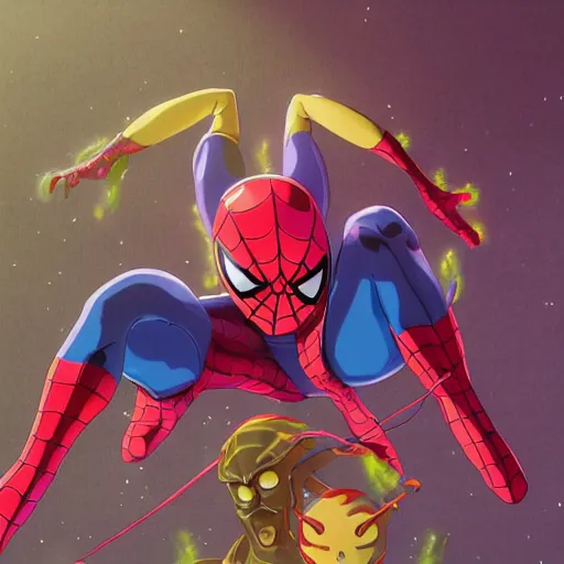 Image similar to spiderman with pink suit and yellow glowing eyes, and alien ears, anime cinema photorealistic beautiful cinematic world of chrono trigger in the style of studio ghibli. hyperdetailed photorealism, 1 0 8 megapixels, amazing depth, glowing rich colors, powerful imagery, psychedelic overtones, 3 d finalrender, 3 d shading, cinematic lighting, artstation concept art