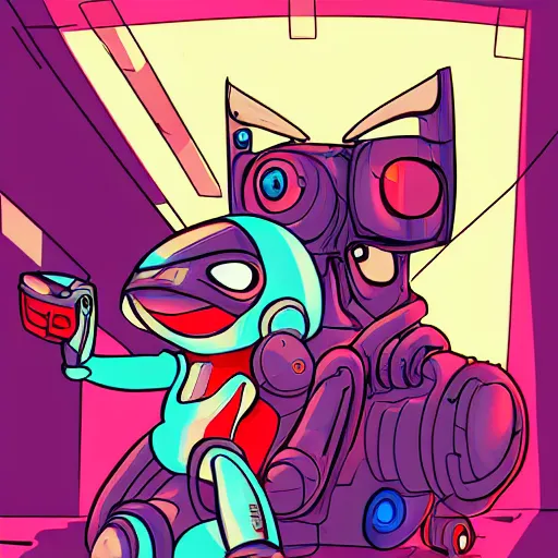 Image similar to cyberpunk robotic ren & stimpy, sharp lines, digital, artstation, colored in