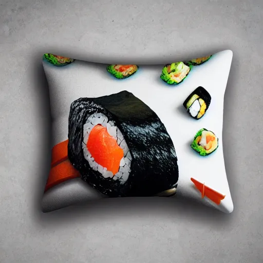 Prompt: a sushi pillow, product photography, highly detailed, epic lighting, hyper photorealism, 8 k