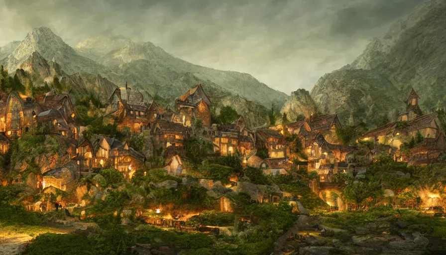 Prompt: medieval crowded village built in green huge mountains, fireplace, banquet at night, hyperdetailed, artstation, cgsociety, 8 k