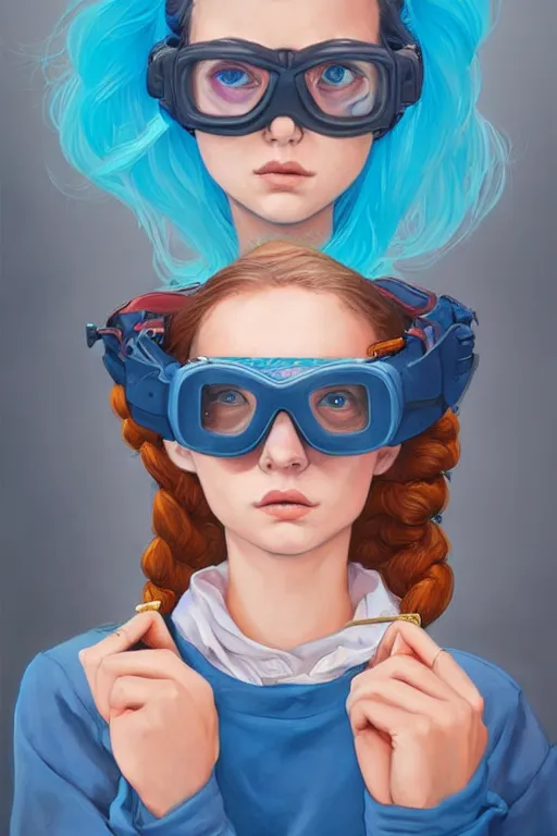 Image similar to portrait painting of a teenage girl with swept back wild blue hair, fashionable, windy, goggles, sharp focus, award - winning, cinematic pose, cinematic lighting, trending on artstation, masterpiece, highly detailed, intricate. art by josan gonzales and moebius and deathburger