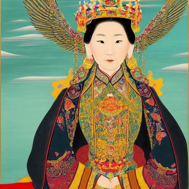 Prompt: in the art style of dittmann, anna, by dittmann, anna, portrait of a beautiful asian mongolian princess goddess spreading its wings, portrait of princess wearing a beautiful ornate crown, in the background lake baikal is seen