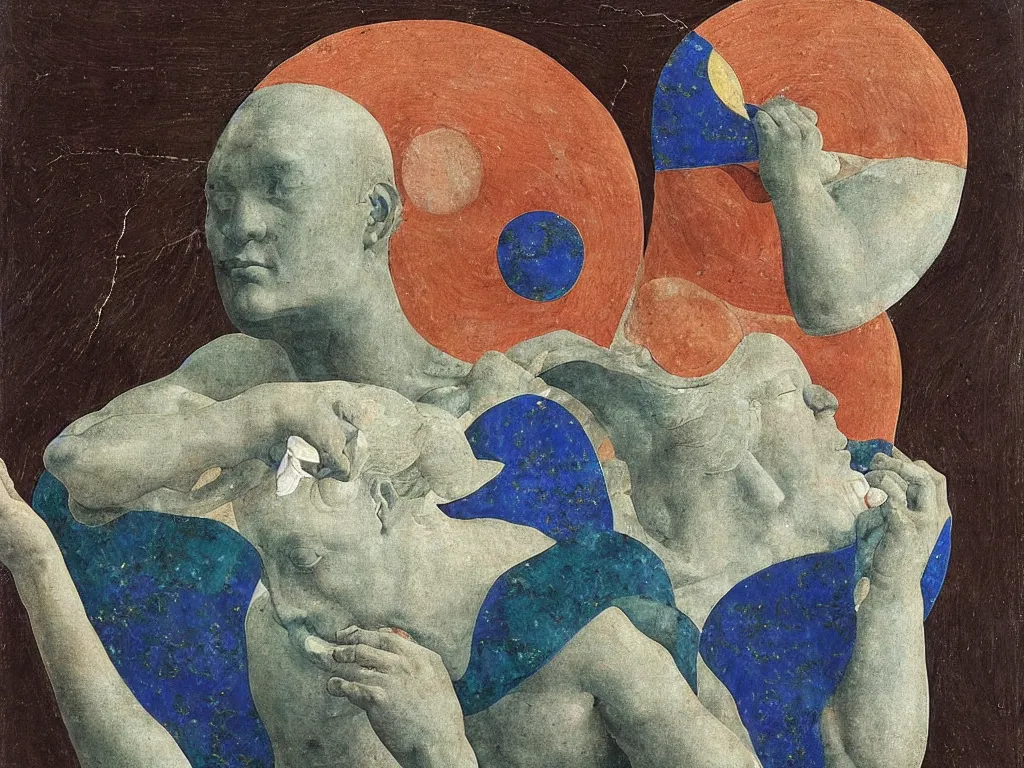 Image similar to marble greek sculpture of saturn devouring his sun with inlaid mineral eyes. lapis - lazuli, turquoise, malachite, cinnabar, earth brown. painting by piero della francesca, balthus, agnes pelton