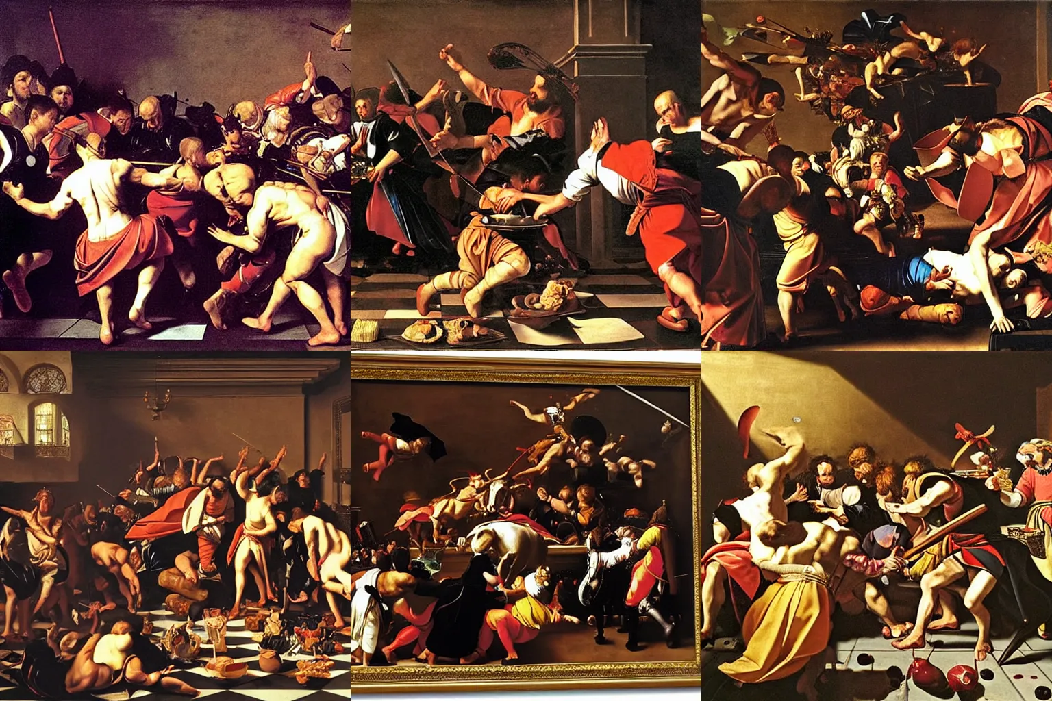 Prompt: elaborate epic royal food fight, baroque painting by caravaggio