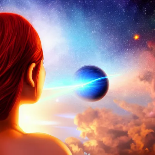Prompt: red - haired woman in a tight blue dress, holding a laser gun, observing a sky with planets. illustration. digital art epic. like a dream detailed, 8 k.