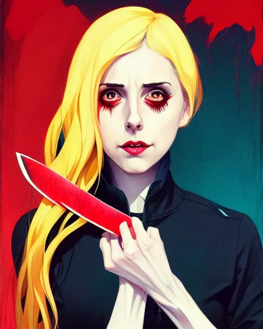 Image similar to loish, artgerm, Joshua Middleton art, pretty female Alison Brie serial killer holding bloody knife in right hand five fingers, blood on clothes and face, sarcastic smile, symmetrical eyes, symmetrical face, full body, jean jacket, jeans, short blonde hair, middle shot, night time, deep blacks