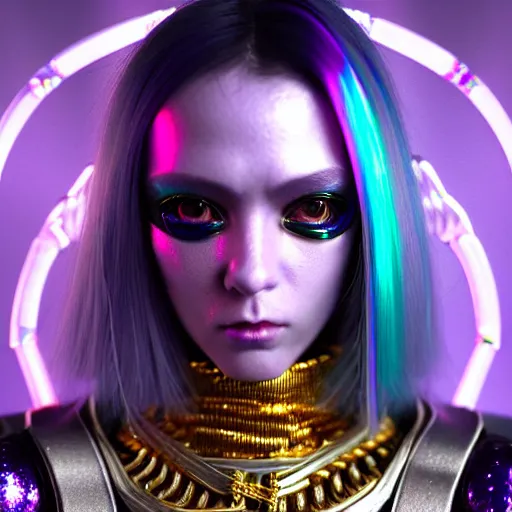 Image similar to hyperdetailed portrait of a stunningly beautiful cyberpunk british girl androgynous wizard guard made of iridescent metals and shiny purple gems, bright rainbow nimbus, silver necklace, gold background inspired by ross tran and masamune shirow and kuvshinov, concept art, intricate, photorealistic, octane render, rtx, hdr, unreal engine, dnd digital art by artgerm