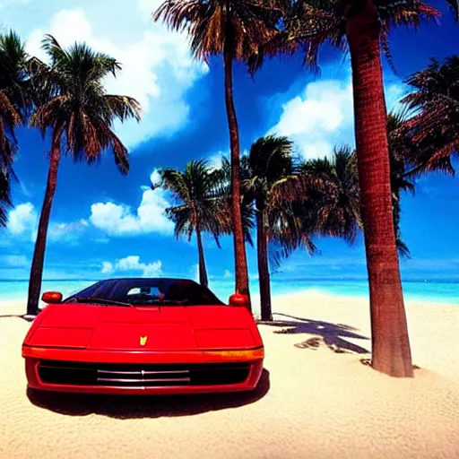 Prompt: a red Ferrari testarossa next to a white sand beach with palm trees. 16bit graphics. Outrun game