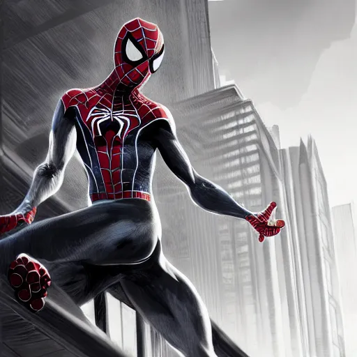 Prompt: concept render of a spiderman with black and white stripes by cedric peyravernay and leon tukker