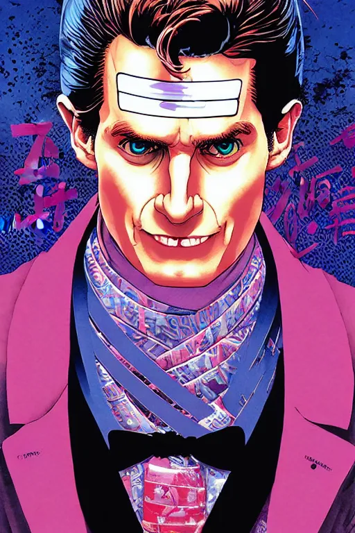 Prompt: poster of patrick bateman as a samurai, vaporwave aesthetic, by yoichi hatakenaka, masamune shirow, josan gonzales and dan mumford, ayami kojima, takato yamamoto, barclay shaw, karol bak, yukito kishiro