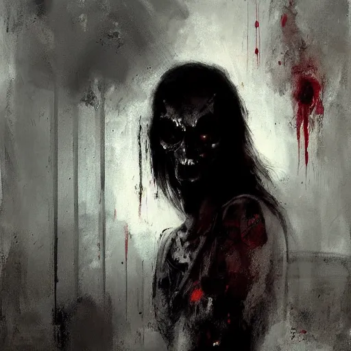 Image similar to portrait of the death angel, angelic, dark, horror, blood, by jeremy mann