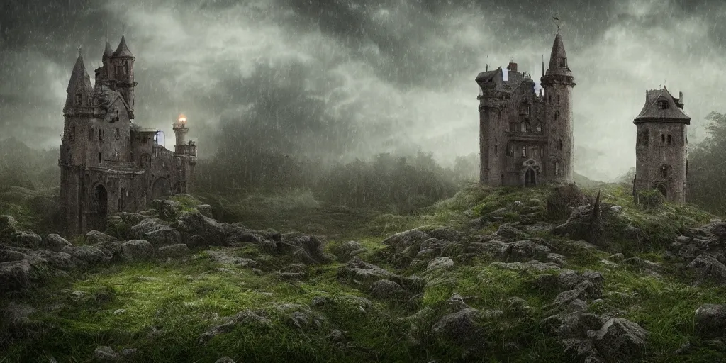 Prompt: matte painting, castle, dramatic landscape, overgrown, cinematic, overcast, lantern light, rain