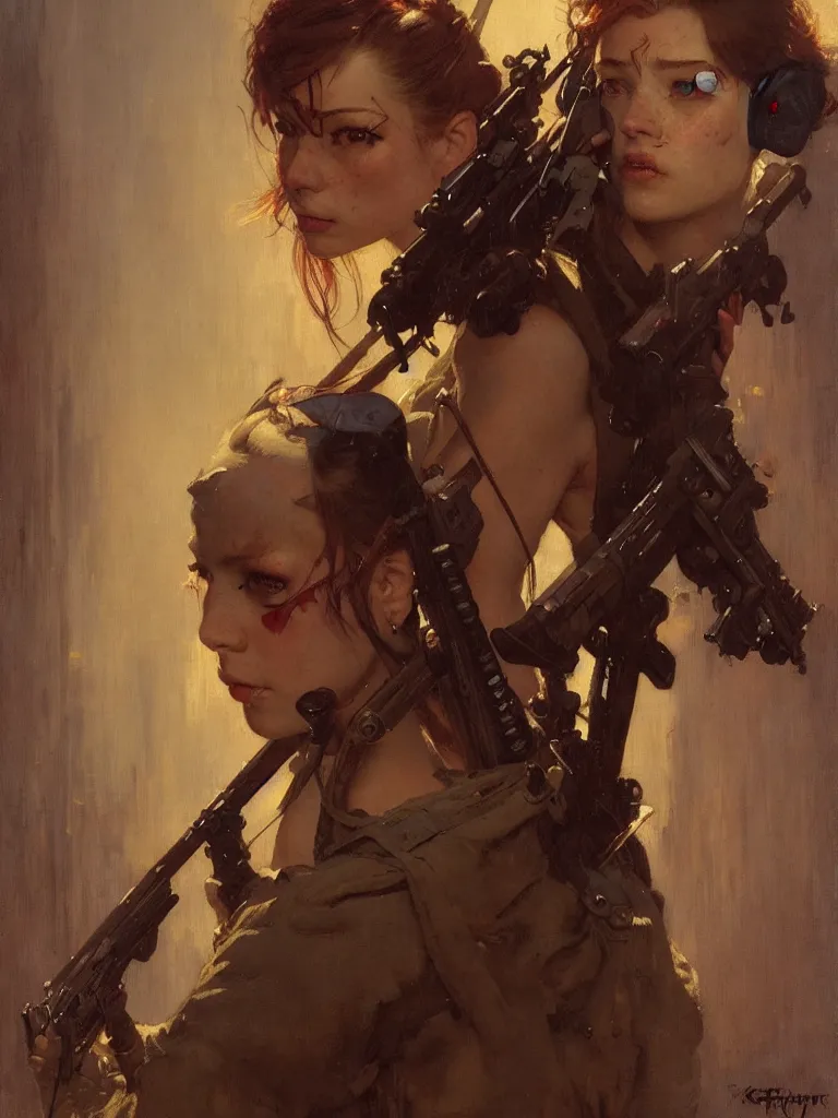 Image similar to portrait max mad cyberpunk, girl with a rifle character design, painting by gaston bussiere, katsuya terada, nc wyeth, greg rutkowski, craig mullins, vermeer, frank frazetta, tom of finland, trending on artstation, jeffery catherine jones