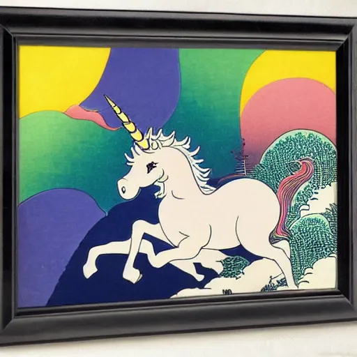 Prompt: A unicorn with rainbow color by Katsushika Hokusai