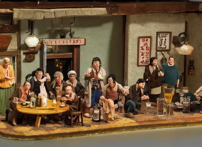 Prompt: group of travelers drinking beer & singing in a tavern as tiny miniatures diorama, directed by Nobuhiko Obayashi