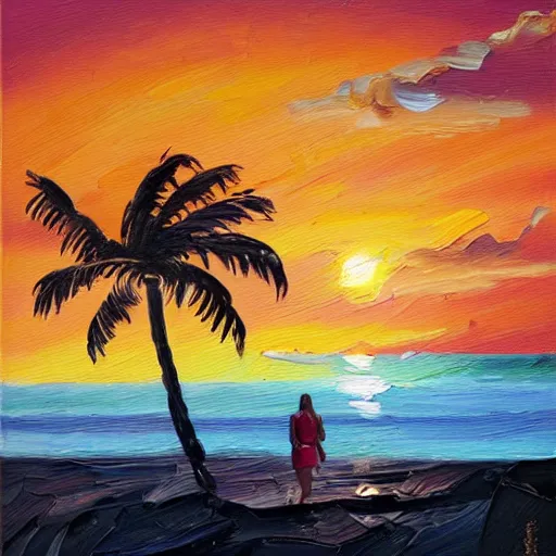 Image similar to a very very small island! woman!!! fireplace!! palm trees, dark very late evening cloudy sunset, dramatic and dynamic lighting, thick brush strokes oil impasto painting