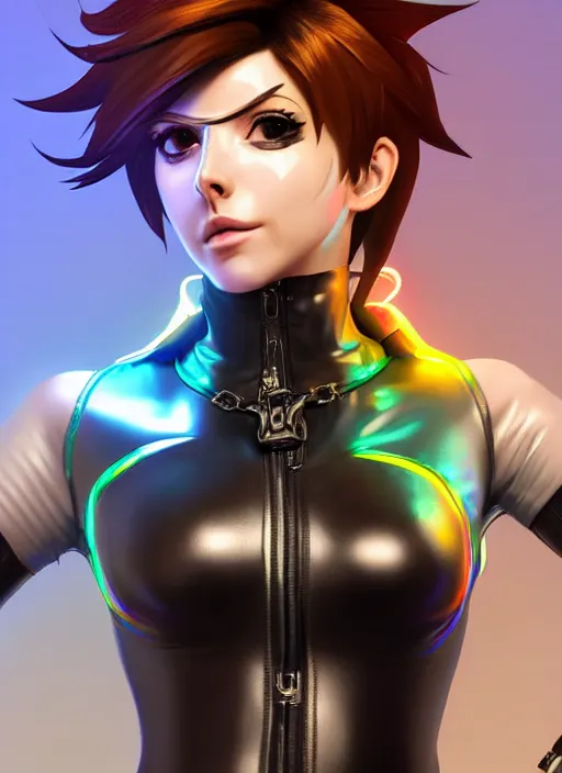 Prompt: portrait bust digital artwork of tracer overwatch, wearing iridescent rainbow latex and leather straps catsuit outfit, expressive face, makeup, in style of mark arian, angel wings, wearing detailed leather collar, chains, black leather harness, detailed face and eyes,