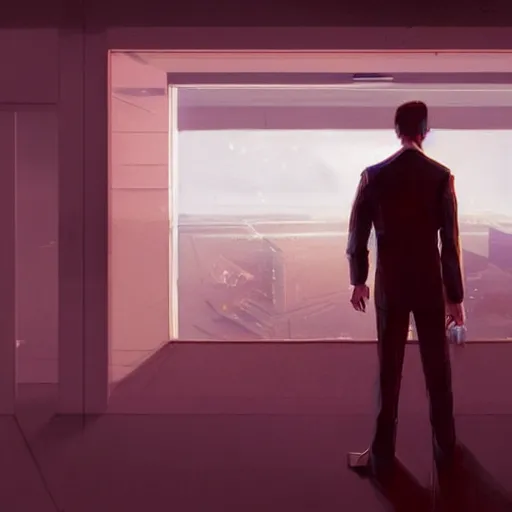 Image similar to concept art by greg rutkowski, very tall and slim young man, standing drinking a coffee looking out a large rectangular window inside a futuristic office, reddish exterior lighting, scifi, highly detailed portrait, digital painting, artstation, concept art, smooth, sharp foccus ilustration, artstation hq