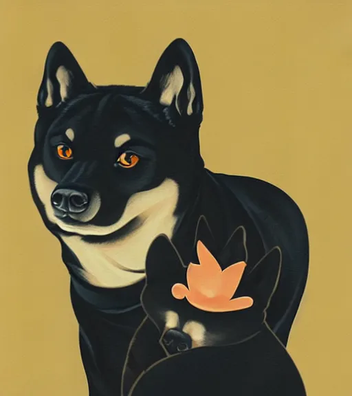 Prompt: black shiba sitting on black shiba by sachin teng, okami, hasui kawase