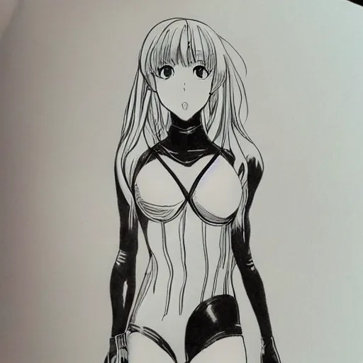 Image similar to beautiful aesthetic inspirational masterful professional ink pen liner sketch of a 1 9 9 0 s anime manga japanese girl posing in latex leotard, marvel style, concept art, fine details, trending on artstation, high quality paper, instagram photo. art university academy work, gnomon, calarts