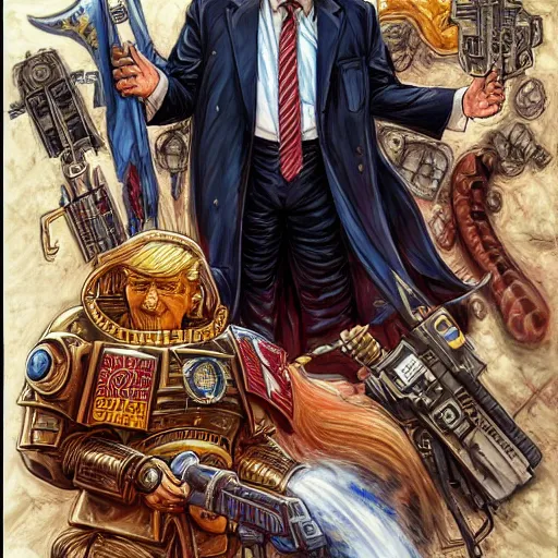 Image similar to A stunning and lovable portrait of Donald Trump as a Warhammer 40K character Moebius, by Mattias Adolfsson, by Mandy Jurgens