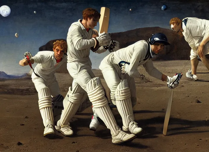 Prompt: a cricket match on the moon by edgar maxence and caravaggio and michael whelan and delacroix style, artistic, intricate painting, cinematic lighting, hyper realistic, extremely detailed, establishing shot, 8 k resolution, dramatic lighting