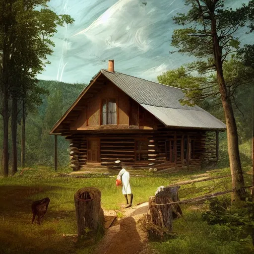 Image similar to a homesteader standing on the porch of his log cabin. pastoral tribute to caspar david friedrich. a wide expansive valley with verdant foliage, tall broad oaks, a beautiful pellucid river running betwixt gorgeous igneous rock driven up by glaciers borderlands cel-shading illustration ismail inceoglu