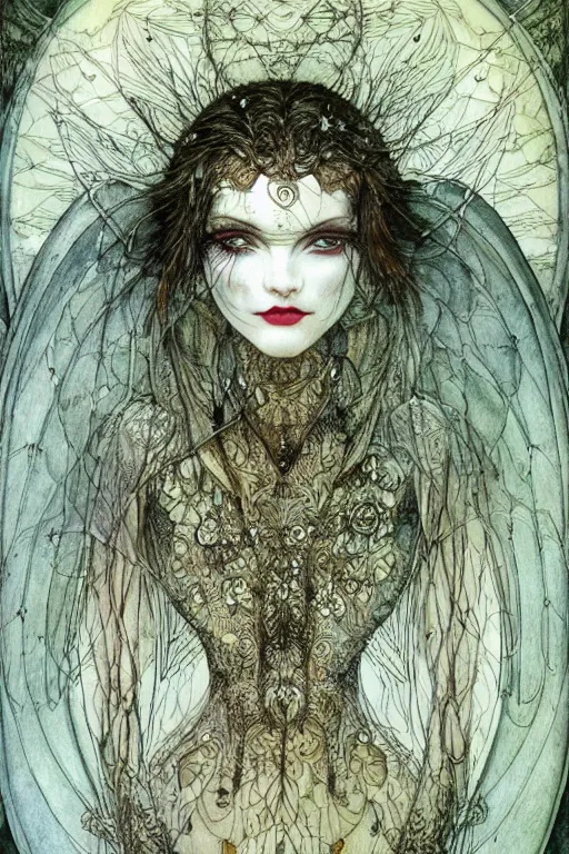 Prompt: dark fairy face closeup surrounded circular frame of moth wings, art by luis royo and walter crane and kay nielsen, watercolor illustration, ultra sharp focus