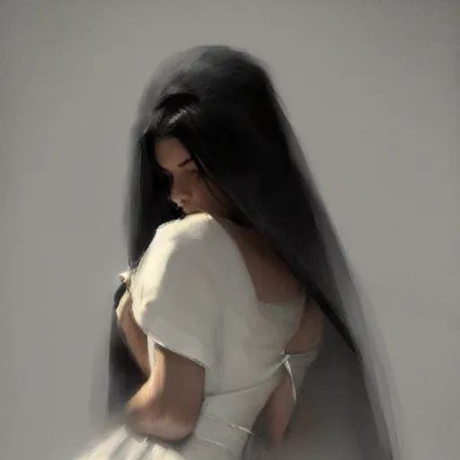 Prompt: A girl wearing a white dress and a black veil, hugging herself in a corner of a dark room hiding from demons by Greg Rutkowski, realism, trending on Artstation